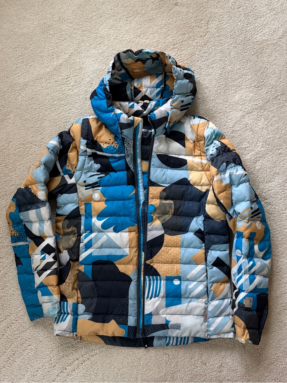 Kids Geometric Blue & Tan Puffer Jacket with Hood